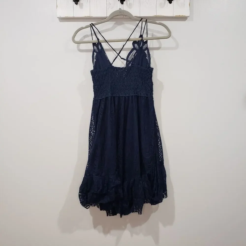 Free People Adella Burnout Velvet Slip Dress Navy S